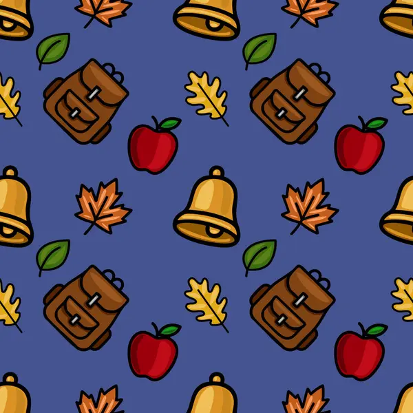 Kahverengi sırt çantalarını, altın çanlarını, kırmızı elmalarını ve sonbahar yapraklarını içeren, koyu mavi arka planda, okula dönüş tasarımları için ideal, büyüleyici, pürüzsüz bir vektör deseni..