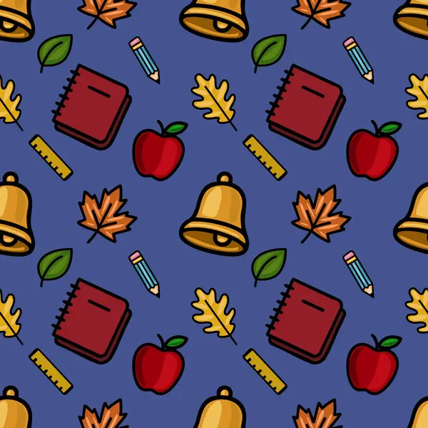 Okul malzemelerinin, sonbahar yapraklarının ve koyu mavi bir arka plana karşı cesur, özet bir şekilde tasarlanmış bir okul çanının eğlenceli bir karışımını içeren hareketli, pürüzsüz bir rota..