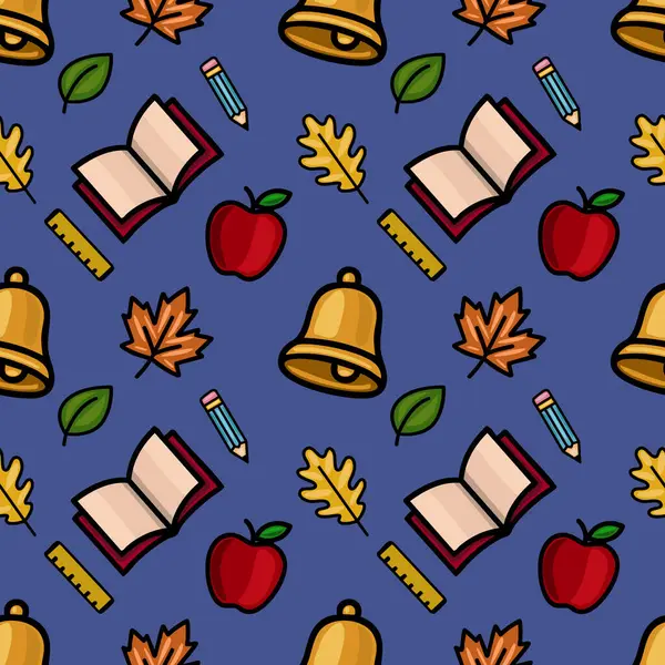 Okul malzemelerinin, sonbahar yapraklarının ve okula dönüş tasarımları için ideal, koyu mavi bir arka plana sahip bir okul çanının eğlenceli bir karışımını içeren hareketli, kusursuz bir vektör deseni..