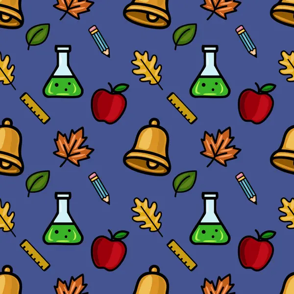 Derin mavi bir arka planda eğlenceli bir okul malzemesi, güz yaprakları ve elma karışımı içeren kusursuz bir vektör deseni, neşeli bir okula dönüş havası yaratıyor..