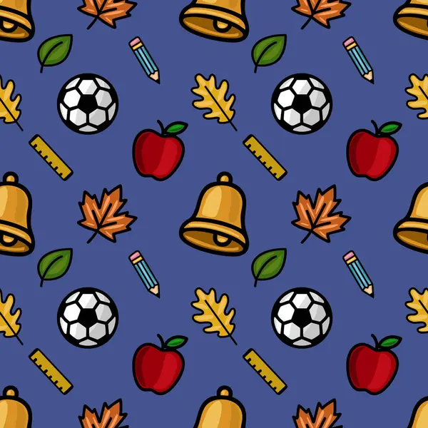 Okul malzemelerinin, sonbahar yapraklarının ve bir futbol topunun yer aldığı canlı, pürüzsüz bir vektör deseni, koyu mavi bir arka planda eğlenceli bir okula dönüş tasarımı yaratıyor..