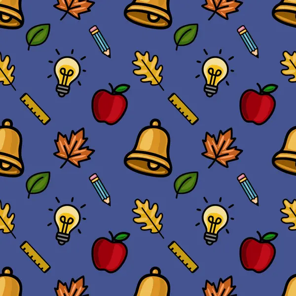 Okul malzemeleri, sonbahar yaprakları ve derin mavi arka planda elmalar içeren canlı vektörsüz desen, eğitim tasarımları ve okula dönüş projeleri için ideal..