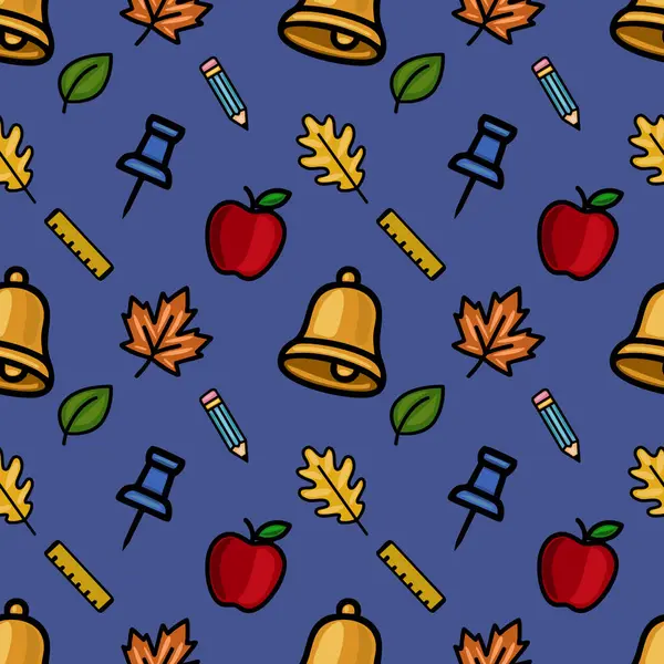 Koyu mavi arka planda, okul malzemeleri, sonbahar yaprakları ve elmaların eğlenceli bir karışımını içeren hareketli, pürüzsüz bir vektör deseni, okula dönüş tasarımları için mükemmel..