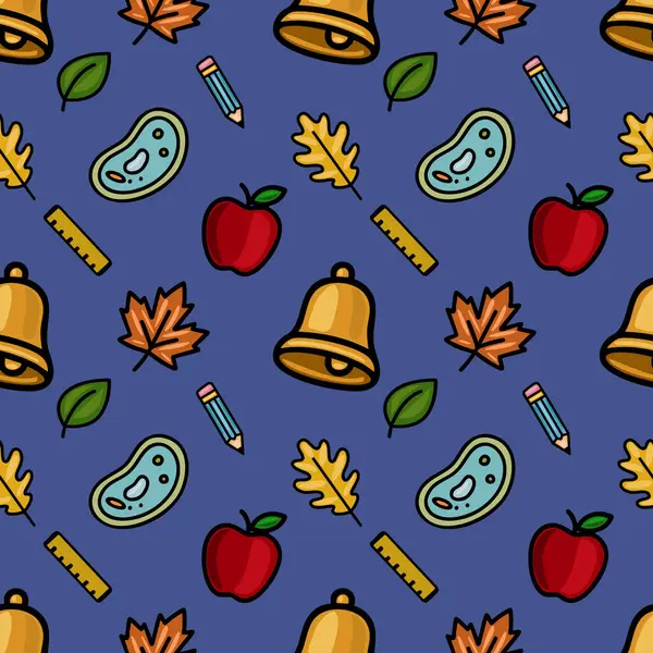 Koyu mavi bir arka planda neşeli ve okula geri dönüş atmosferi yaratan, okul malzemelerinin, sonbahar yapraklarının ve elmaların eğlenceli bir karışımını içeren hareketli bir vektör deseni..