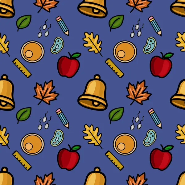 Okul malzemeleri, sonbahar yaprakları ve derin mavi arka planda bilimsel unsurları içeren hareketli ve pürüzsüz bir model. Eğitici tasarımlar için ideal..