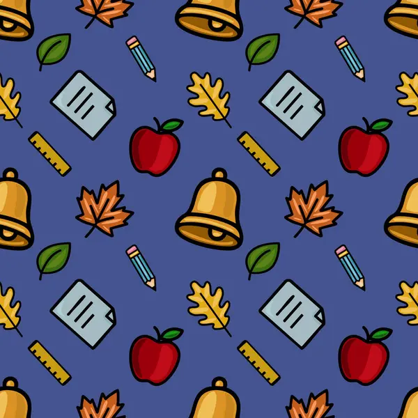Okul malzemeleri, sonbahar yaprakları ve koyu mavi arka planda elmaları içeren, okula dönüş tasarımları ve sonbahar temalı projeler için ideal, neşeli, pürüzsüz bir şablon..
