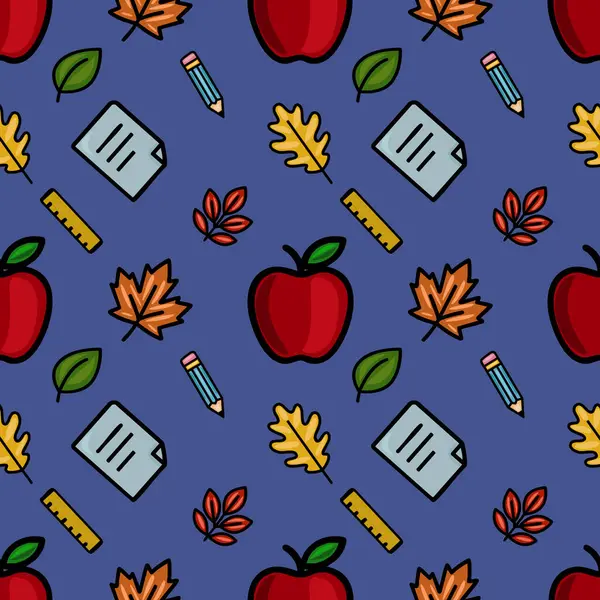 Kırmızı elmalar, sonbahar yaprakları, kalemler, hükümdarlar ve kağıtlardan oluşan canlı bir vektörsüz desen, güz temalı projeler için mükemmel neşeli bir okula dönüş tasarımı yaratıyor..