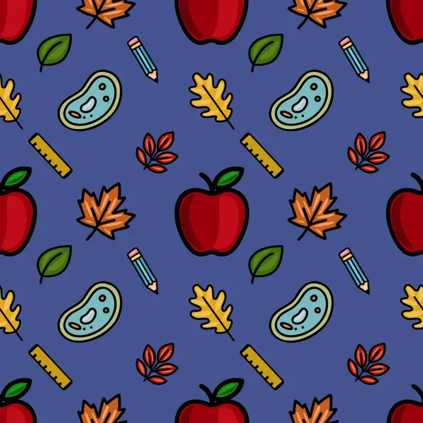 Koyu mavi arka planda kırmızı elmalar, sonbahar yaprakları, kalemler ve yöneticilerden oluşan hareketli bir vektör, neşeli bir okula dönüş tasarımı yaratıyor..