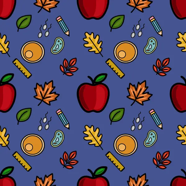 Bu vektör pürüzsüz desen, sonbahar yapraklarının eğlenceli bir karışımını, kalem ve cetvel gibi okul malzemelerini, hücre ve spermin bilimsel çizimlerini içerir, hepsi de koyu mavi bir arka gruba karşıdır....