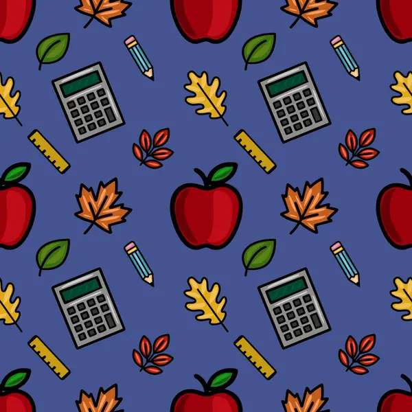 Kırmızı elmalar, hesap makineleri, kalemler, yöneticiler ve sonbahar yapraklarından oluşan canlı bir vektör dizaynı, okula dönüş tasarımları ve sonbahar temalı projeler için idealdir..