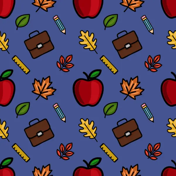 Kırmızı elmalar, kahverengi evrak çantaları, sonbahar yaprakları, kalemler ve koyu mavi arka planda cetveller içeren hareketli bir vektördür. Okula dönüş tasarımları için idealdir..