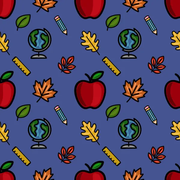 Kırmızı elmalar, bir dünya küresi, kalemler, hükümdarlar ve sonbahar yapraklarından oluşan canlı, pürüzsüz bir vektör deseni, koyu mavi arka planda, okula dönüş tasarımları için idealdir..