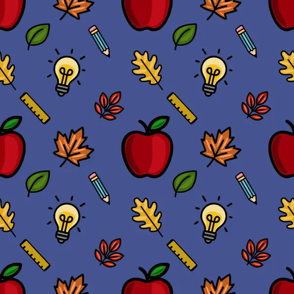 Kırmızı elmalar, sonbahar yaprakları, kalemler, ampuller ve okula dönüş tasarımları için ideal koyu mavi arka planda cetveller içeren hareketli bir vektörsüz desen..