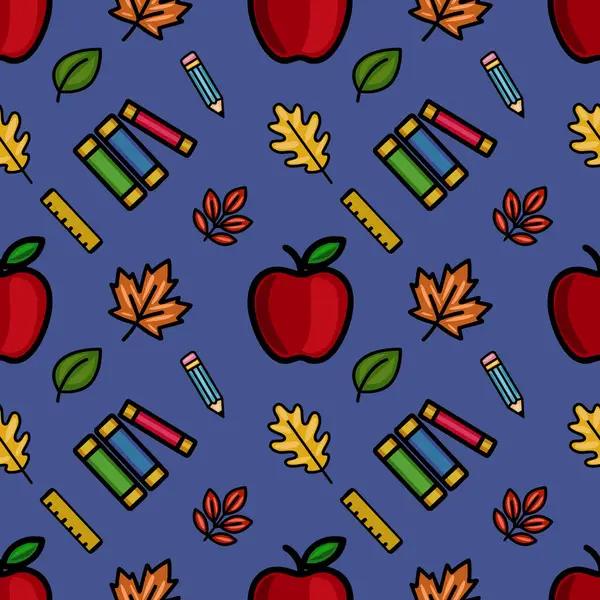 Sonbahar yaprakları, kırmızı elmalar, kalemler, kitaplar ve yöneticilerden oluşan hareketsiz bir vektör dizaynı, okula dönüş tasarımları için idealdir..