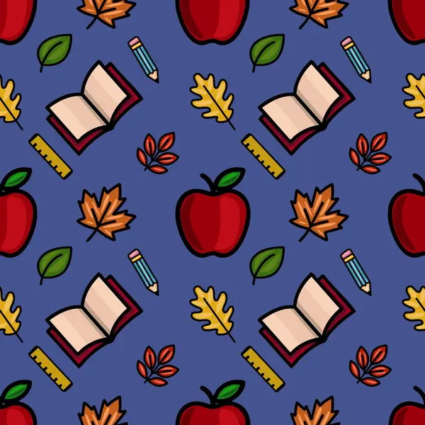 Kırmızı elmaları, açık kitapları, kalemleri, cetvelleri ve koyu mavi arka planda sonbahar yapraklarını içeren büyüleyici bir vektördür. Okula dönüş tasarımları için mükemmeldir..