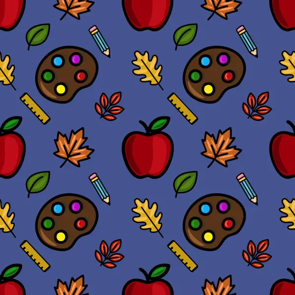 Bu canlı vektör pürüzsüz desen, kırmızı elmalar, sonbahar yaprakları, sanatçı paletleri, kalemler ve zengin bir slate-blue arka planına karşı cetvelleri içeren eğlenceli bir okula dönüş tasarımını içerir..