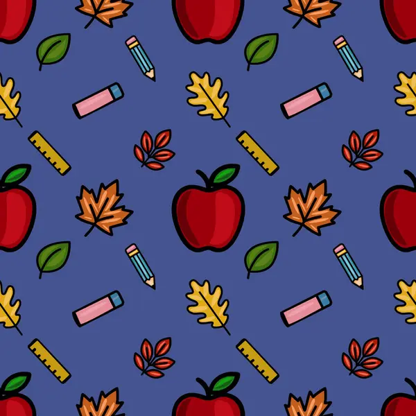 Kırmızı elmalar, sonbahar yaprakları, kalemler, silgiler ve koyu mavi bir arka planda yöneticiler içeren hareketli bir vektörsüz desen, neşeli bir okula dönüş tasarımı yaratıyor..