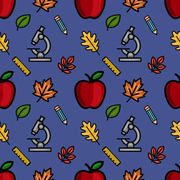 Canlı sonbahar yaprakları, olgun kırmızı elmalar, mikroskoplar, kalemler ve yöneticilerden oluşan kusursuz vektör deseni, eğitici materyaller veya kırtasiye malzemeleri için eğlenceli bir geri dönüş tasarımı yaratıyor..