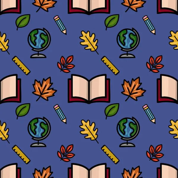 Bu vektör pürüzsüz desen renkli kitaplar, kalemler, küreler, yöneticiler ve derin mavi arka planda sonbahar yapraklarıyla neşeli ve eğitici bir tasarım içerir..