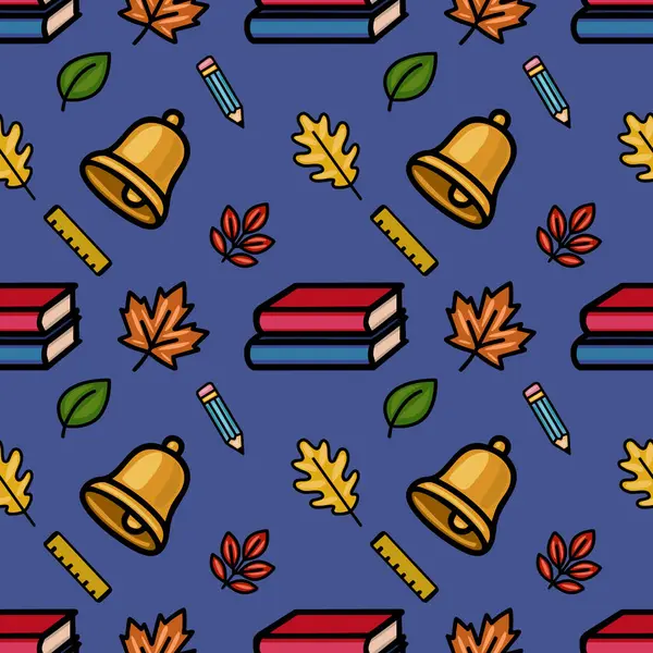 Çanlar, kitaplar, kalemler ve hükümdarlar gibi okul malzemelerini içeren büyüleyici bir vektör pürüzsüz desen, koyu mavi arka planda canlı bir renk paletinde sonbahar yapraklarıyla neşe içinde karışıyor..