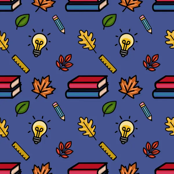 Sonbahar yapraklarının eğlenceli bir karışımını içeren hareketli bir vektör, kalem ve cetvel gibi okul malzemeleri, istiflenmiş kitaplar ve parlak ampuller, koyu mavi bir arka planda dizilmiş.