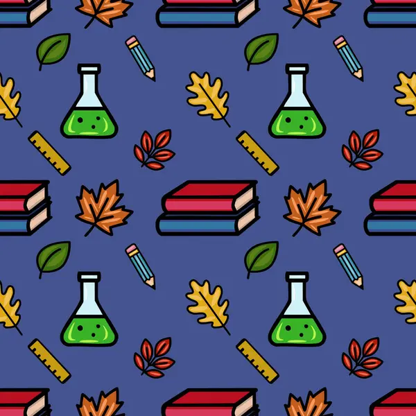 Sonbahar yapraklarının, okul malzemelerinin ve bilim deney şişelerinin eğlenceli bir karışımını içeren etkileyici, kusursuz bir vektör deseni. Derin mavi arka planda canlı bir okula dönüş ya da sonbahar tasarımı yaratıyor..