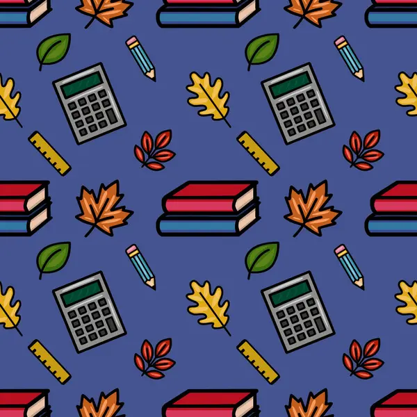 Bu canlı vektör pürüzsüz desen, kitaplar, kalemler, hesap makineleri ve yöneticiler de dahil olmak üzere sonbahar yaprakları ve okul malzemelerinin neşeli bir karışımını içeriyor.