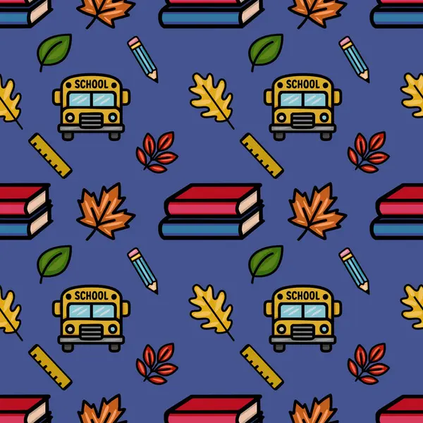 Bir okul otobüsü, kitaplar, kalemler, cetvel ve sonbahar yapraklarının derin mavi bir arka planda, okula dönüş tasarımları için mükemmel olduğu hoş, pürüzsüz bir desen..
