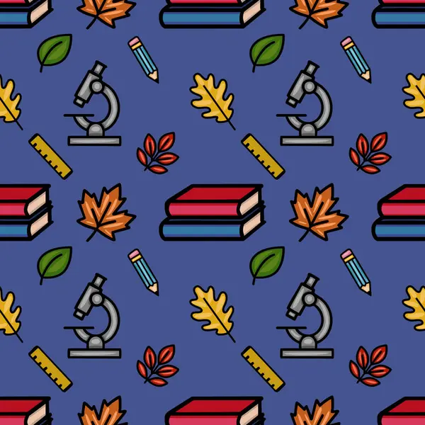 Kitap, kalem, mikroskop ve cetvel gibi okul malzemeleriyle dolu canlı bir sonbahar tasarımı içeren kusursuz bir vektör deseni, koyu mavi bir arka planda renkli sonbahar yapraklarıyla birleştirilmiş..