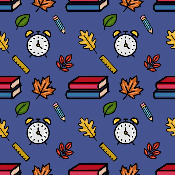Sonbahar yaprakları, kitaplar, kalemler, yöneticiler ve alarm saatleri gibi eğlenceli bir karışım içeren hareketli bir vektör kusursuz şablon, koyu mavi bir arka plana karşı dizilmiş, neşeli bir
