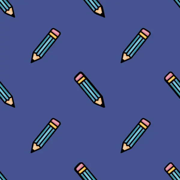 Canlı, pürüzsüz bir desen, koyu mavi bir zemin üzerinde pembe silgiye sahip, neşeli ve eğitici bir tasarım oluşturan, deniz mavisi kalemlerinin eğlenceli bir düzenini içeriyor..