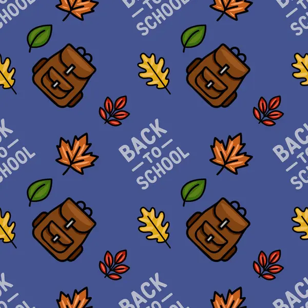 Kahverengi sırt çantaları, sonbahar yaprakları (akçaağaç ve böğürtlen dalları) ve sonbahar temalı tasarımlar için ideal olan koyu mavi arka planda 