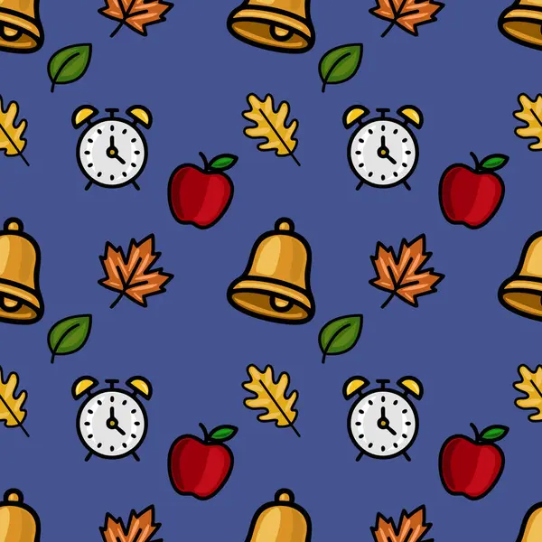 Sonbahar yaprakları, okul zilleri, alarm saatleri ve koyu mavi arkaplanda kırmızı elmalar içeren, okula dönüş veya sonbahar temalı tasarımlar için ideal, mükemmel bir vektörsüz desen..