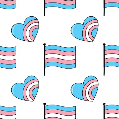Transeksüel bayrak ve kalplere sahip kusursuz vektör deseni. Pastel mavi, pembe ve beyaz renklerde canlı bir tasarım..