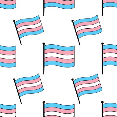 Beyaz zemin üzerinde transgender bayrakları sallayan kusursuz vektör deseni, kumaş baskıları veya dijital duvar kağıtları için tasarlanmıştır.