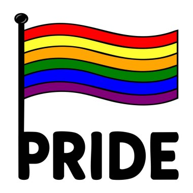 Direkte sallanan bir gurur bayrağının canlı vektör çizimi, yanında da LGBTQ + temalı tasarımlar ve kutlamalar için mükemmel PRIDE sözcüğü var..