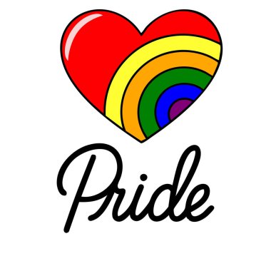 Gökkuşağı tasarımı içeren, LGBTQ + temalı projeler için ideal, şık bir yazı tipinde Gurur sözcüğü eşliğinde canlı bir kalp çizimi..