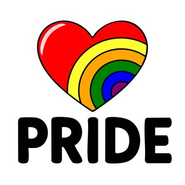 LGBTQ + temalı tasarımlar için ideal olan cesur PRIDE sözcüğüyle birlikte gökkuşağı yayı içeren kırmızı bir kalbin canlı vektör çizimi.