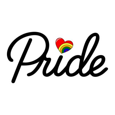 LGBTQ + temalı projeler için ideal, tasarım içine yerleştirilmiş küçük bir gökkuşağı kalbi içeren cesur, el yazısı ile Gurur kelimesinin stil vektör ilülasyonu.