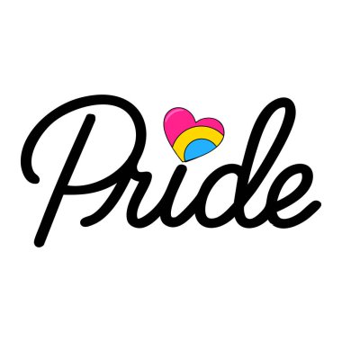 Şık bir yazı tipinde Gurur kelimesinin vektör illüstrasyonu, benzersiz bir tasarım unsuru olarak küçük bir panseksüel kalbi içerir..