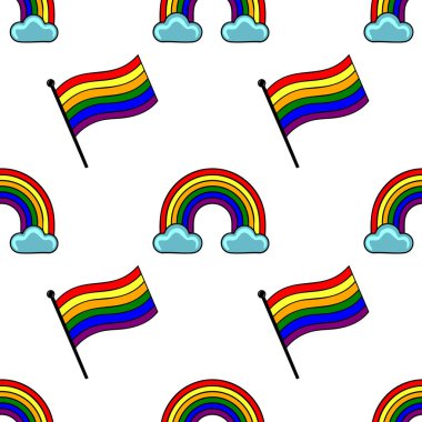 Canlı gökkuşakları ve LGBTQ + gurur bayrakları içeren kusursuz vektör deseni, kutlama geçmişi veya tekstil tasarımları için ideal.