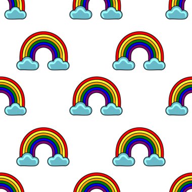 Canlı gökkuşaklarının ve kabarık bulutların kusursuz vektör deseni, çocuk ürünleri veya neşeli arka planlar için ideal neşeli ve renkli bir tasarım..