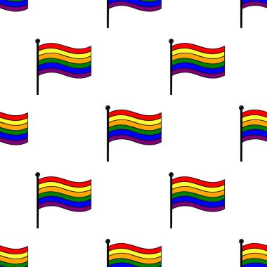 Beyaz arkaplanda gökkuşağı bayrakları sallamanın kusursuz vektör deseni, Gurur Ayı kutlamaları ve LGBTQ + temalı tasarımlar için ideal.