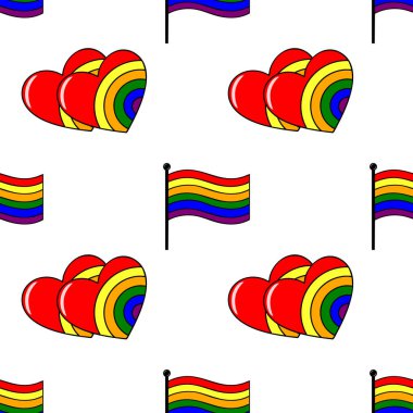 Canlı gökkuşağı kalpleri ve bayrakları içeren kusursuz vektör deseni, LGBTQ + gurur ve aşkı sembolize ediyor, şenlik tasarımları için mükemmel..