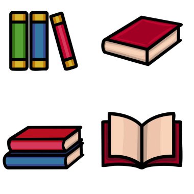 Çeşitli kitap tasvirleri içeren canlı bir vektör illüstrasyonu: bir yığın kitap, çeşitli yönelimlerde bireysel kitaplar, ve tek bir açık kitap, hepsi cesur, karikatürize bir tarzda c...