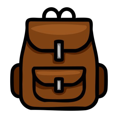 İki ön cebi olan kahverengi bir sırt çantasının vektör çizimi, basit bir çizgi film stili ve koyu siyah çizgiler içeriyor..