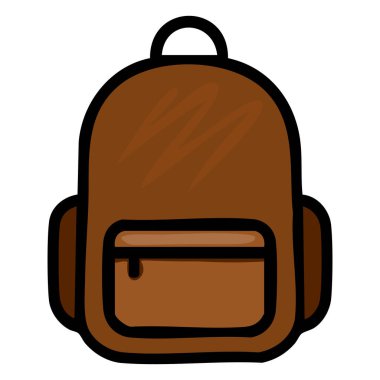 Ön cebi olan kahverengi bir sırt çantasının vektör çizimi, basit bir çizgi film tarzı ve kalın hatları içeriyor..
