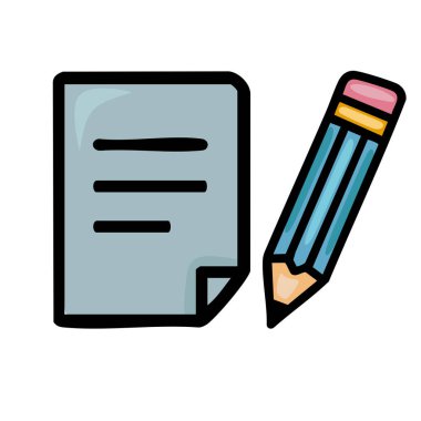 Bir kağıt ve kalem kağıdının oyuncu bir temsili, kalın hatları ve pastel renk paleti ile çizilmiş bir el çizimi tarzını gösteren, eğitimsel veya kırtasiyeyle ilgili tasarımlar için ideal.