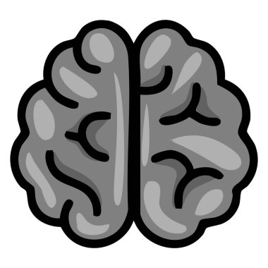 Gri tonlu bir palet ve koyu siyah çizgiler içeren insan beyninin stilize edilmiş vektör çizimi, karmaşık yapısının basitleştirilmiş ama ayrıntılı bir temsilini vurguluyor..