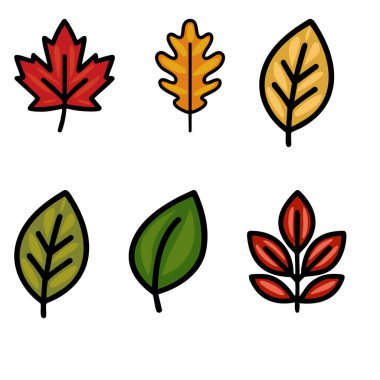 Altı farklı vektör sonbahar yapraklarının toplanması: akçaağaç, meşe ve diğer koyu renkli yaprak şekilleri.